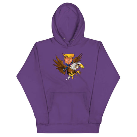 Purple hoodie featuring a cartoon of Trump riding a screaming eagle, perfect for trendsetters and future leaders.