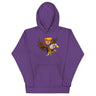 Purple hoodie featuring a cartoon of Trump riding a screaming eagle, perfect for trendsetters and future leaders.