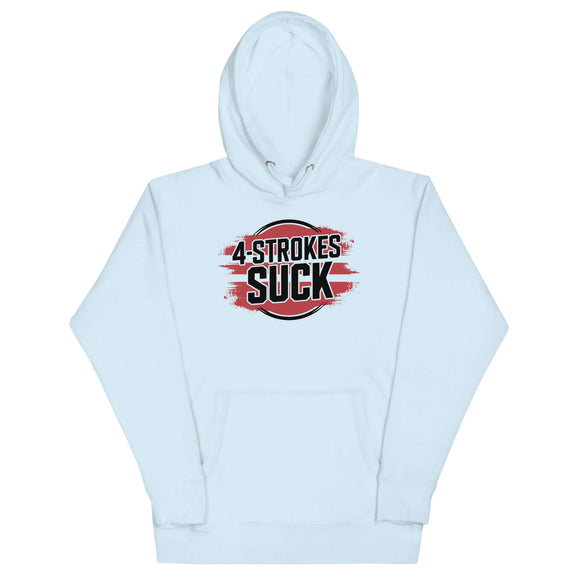 "4-Strokes Suck Hoodie by Ronnie Mac with bold logo supporting 2-stroke engines, perfect gear for moto enthusiasts"