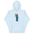 Light blue hoodie featuring colorful RonnieMac character design with helmet and raised hand, perfect for Tunder profile statements.