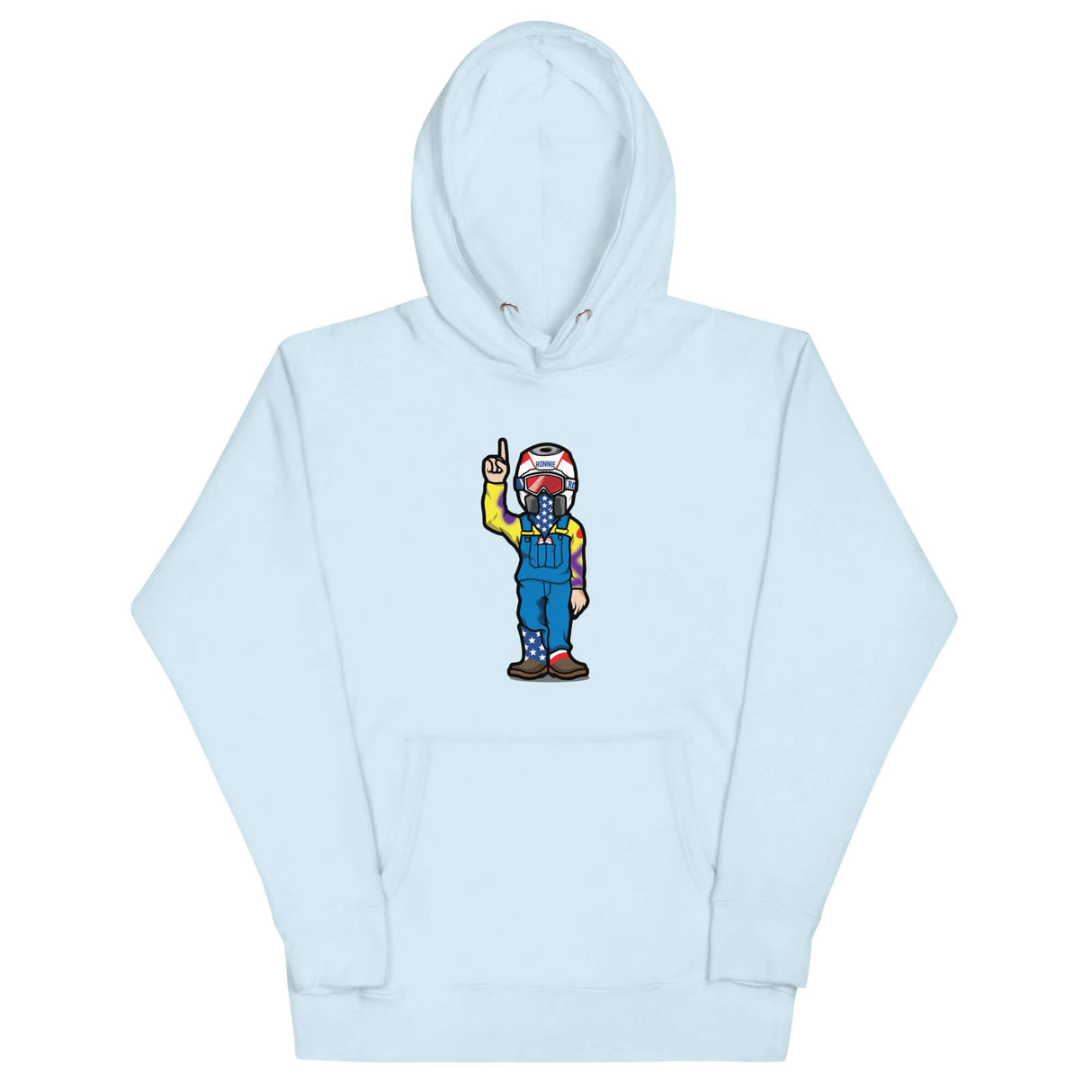 Light blue hoodie featuring colorful RonnieMac character design with helmet and raised hand, perfect for Tunder profile statements.