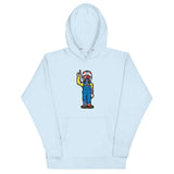 Light blue hoodie featuring colorful RonnieMac character design with helmet and raised hand, perfect for Tunder profile statements.