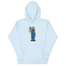 Light blue hoodie featuring colorful RonnieMac character design with helmet and raised hand, perfect for Tunder profile statements.