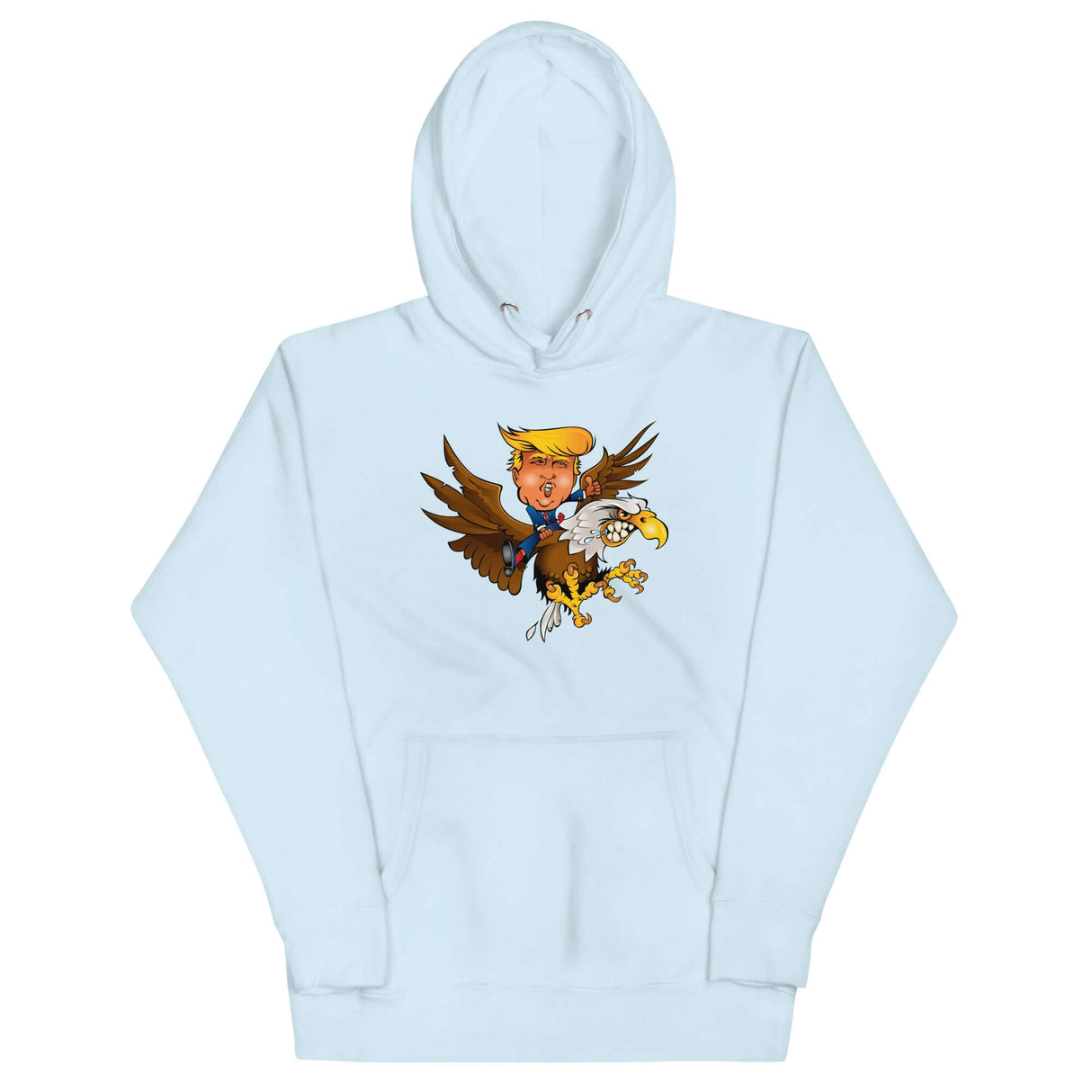 Trump-themed hoodie featuring a cartoon of Trump riding a soaring eagle, perfect for making a bold statement.