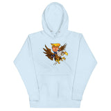 Trump-themed hoodie featuring a cartoon of Trump riding a soaring eagle, perfect for making a bold statement.