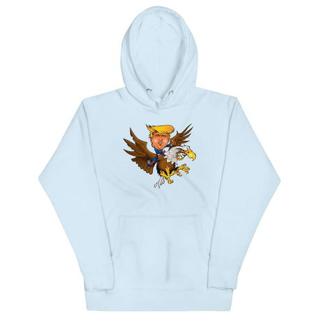 Trump-themed hoodie featuring a cartoon of Trump riding a soaring eagle, perfect for making a bold statement.