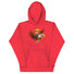 Red hoodie featuring a cartoon depiction of Trump riding an eagle, symbolizing strength and leadership.