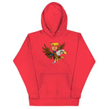 Red hoodie featuring a cartoon depiction of Trump riding an eagle, symbolizing strength and leadership.
