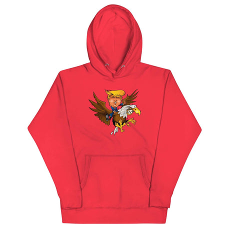 Red hoodie featuring a cartoon depiction of Trump riding an eagle, symbolizing strength and leadership.