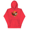 Red hoodie featuring a cartoon depiction of Trump riding an eagle, symbolizing strength and leadership.