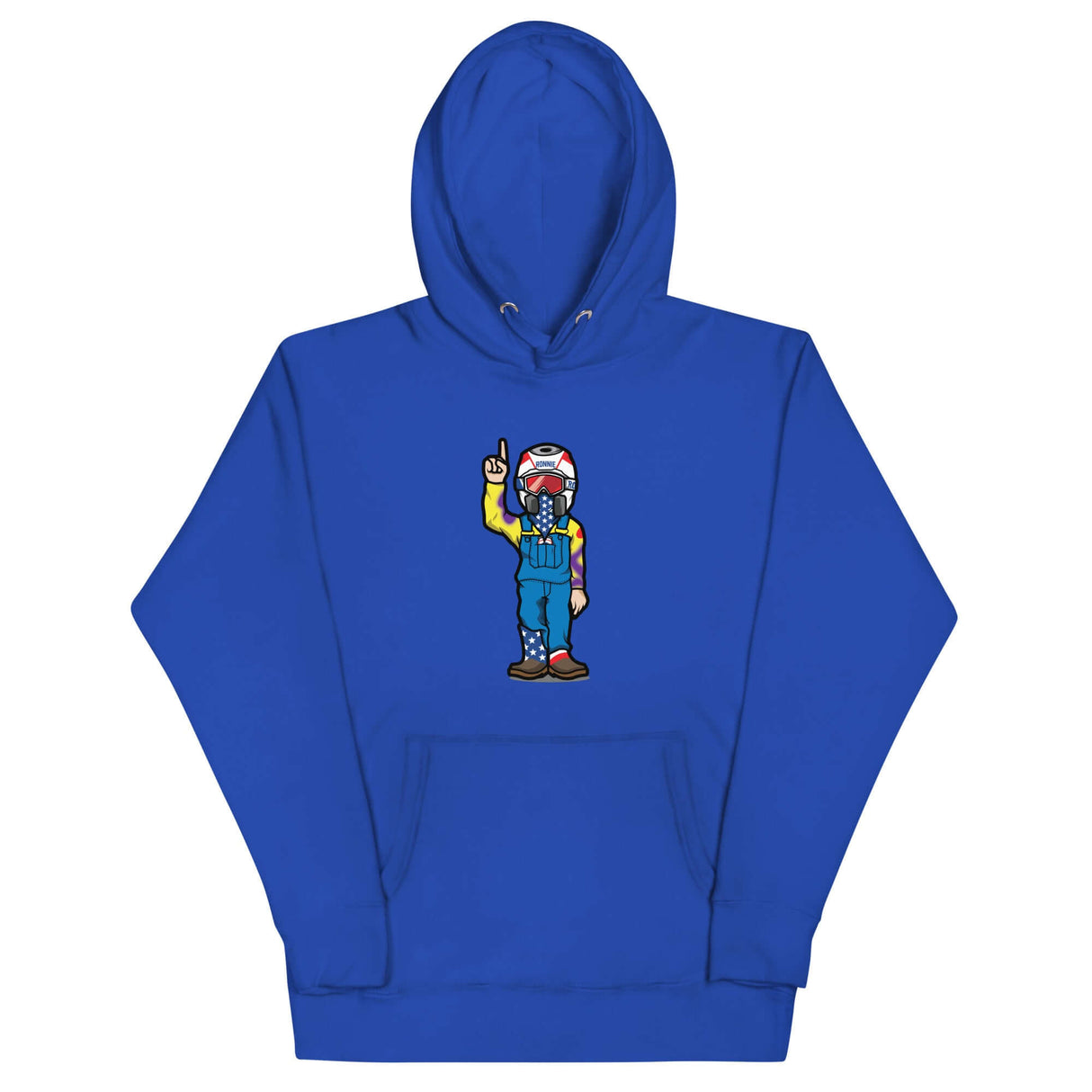Blue RonnieMac character hoodie with eye-catching design for standout style and attraction on social profiles.