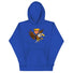 Blue hoodie featuring a cartoon of Trump riding a screaming eagle, symbolizing strength and leadership.