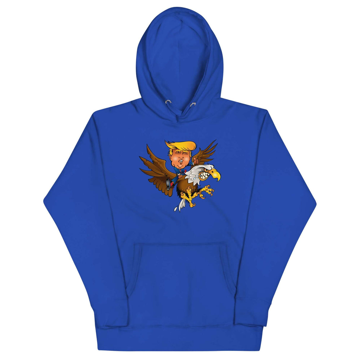 Blue hoodie featuring a cartoon of Trump riding a screaming eagle, symbolizing strength and leadership.