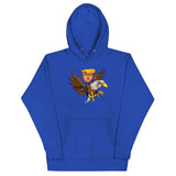 Blue hoodie featuring a cartoon of Trump riding a screaming eagle, symbolizing strength and leadership.