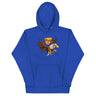 Blue hoodie featuring a cartoon of Trump riding a screaming eagle, symbolizing strength and leadership.