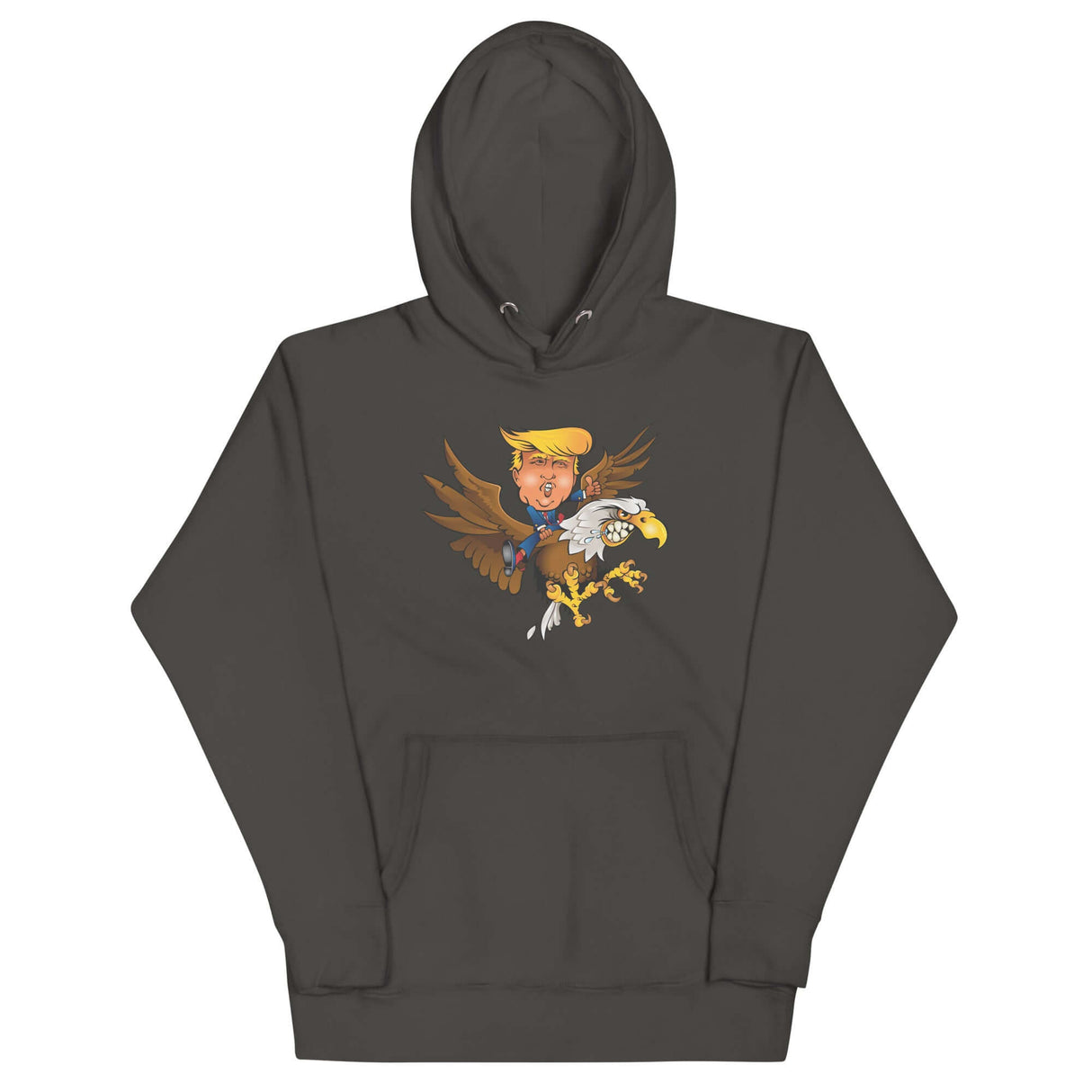 Trump riding a soaring eagle hoodie, showcasing bold colors and a powerful design for trendsetters and future leaders.