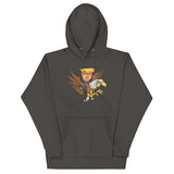 Trump riding a soaring eagle hoodie, showcasing bold colors and a powerful design for trendsetters and future leaders.