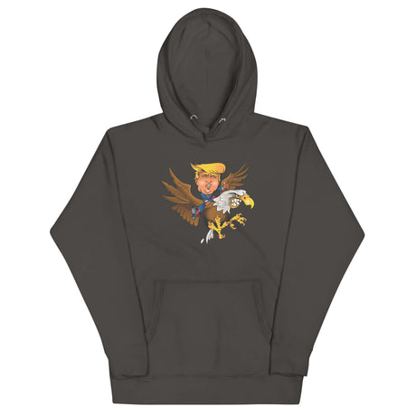 Trump riding a soaring eagle hoodie, showcasing bold colors and a powerful design for trendsetters and future leaders.