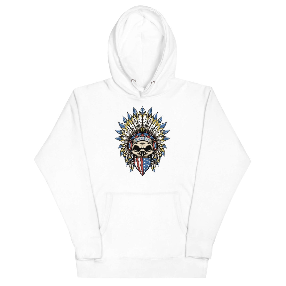 Ronnie Ghost Rider Hoodie featuring Skeleton Ronnie Mac design with American Bandana and Feathered Hat for moto fans.