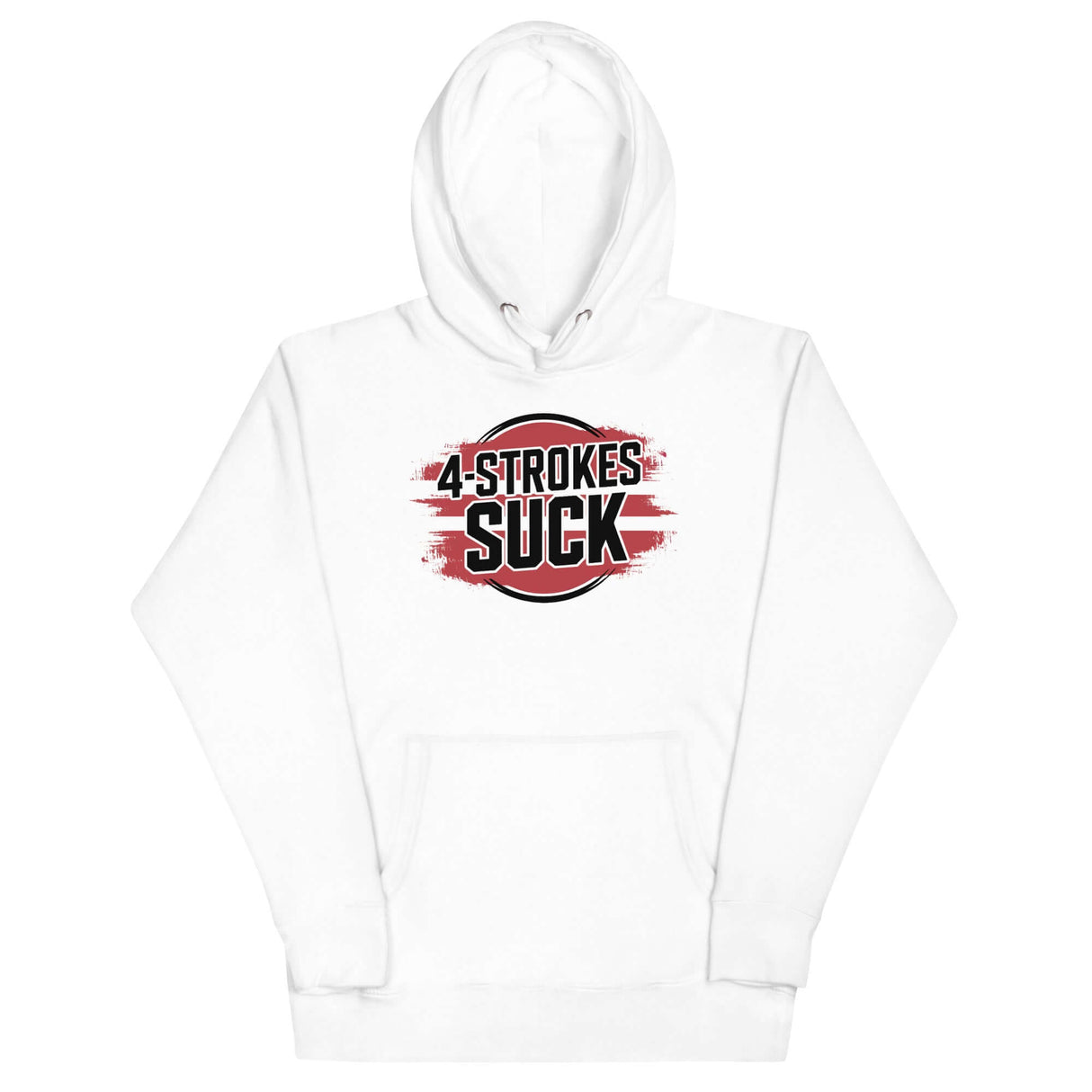 White hoodie with bold "4-Strokes Suck" logo for 2-stroke engine enthusiasts.