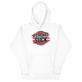 White hoodie with bold "4-Strokes Suck" logo for 2-stroke engine enthusiasts.