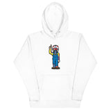 White hoodie featuring a colorful RonnieMac character design, combining bold style and playful charm, perfect for making a statement.