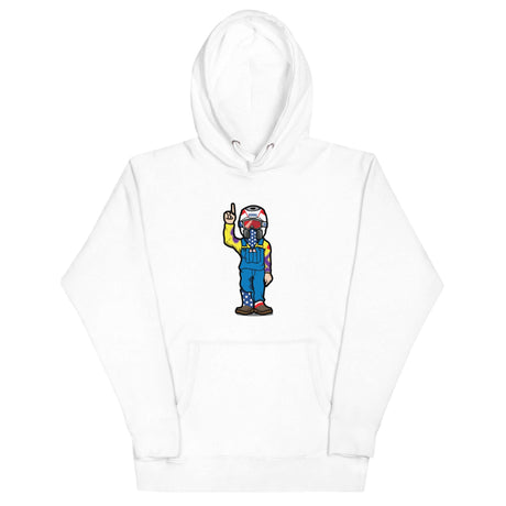White hoodie featuring a colorful RonnieMac character design, combining bold style and playful charm, perfect for making a statement.