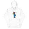 White hoodie featuring a colorful RonnieMac character design, combining bold style and playful charm, perfect for making a statement.