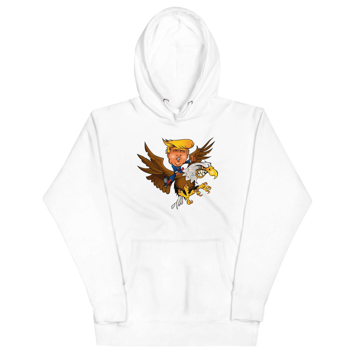 White hoodie featuring a cartoon character of Trump riding a fierce eagle, symbolizing leadership and resilience.