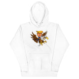 White hoodie featuring a cartoon character of Trump riding a fierce eagle, symbolizing leadership and resilience.