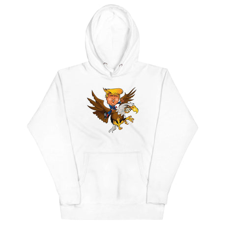 White hoodie featuring a cartoon character of Trump riding a fierce eagle, symbolizing leadership and resilience.