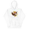 White hoodie featuring a cartoon character of Trump riding a fierce eagle, symbolizing leadership and resilience.