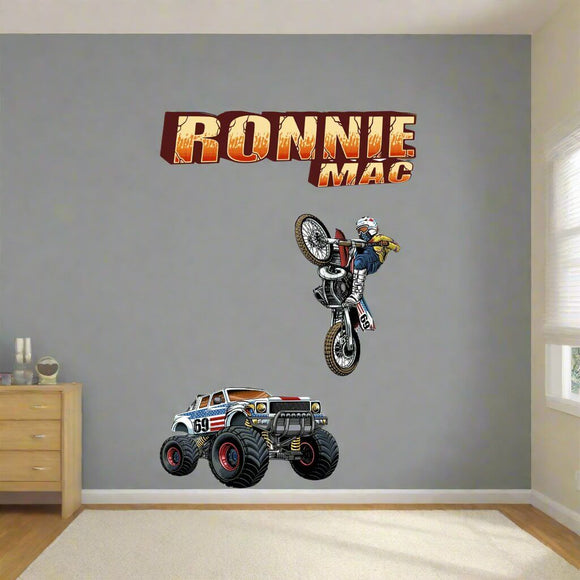 Ronnie Mac wall decal set featuring an air wheelie and monster truck design on a gray wall, perfect for motorsports fans.