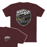 "Whip 'Em Out dirt bike stunt shirt with Ronnie Mac 69 design featuring motocross action in a forest background."