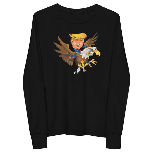 Youth long sleeve shirt featuring cartoon Trump riding a fierce eagle, perfect for adventure and thrill-seeking events.