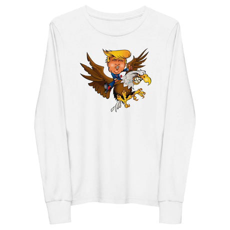 Long sleeve shirt featuring Trump riding a fierce eagle, perfect for young adventure seekers.