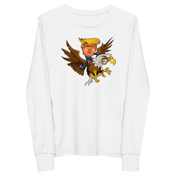 Long sleeve shirt featuring Trump riding a fierce eagle, perfect for young adventure seekers.