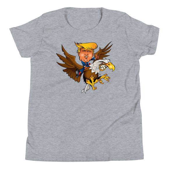 Youth shirt featuring cartoon Trump riding a fierce eagle, perfect for supercross and adventurous events.