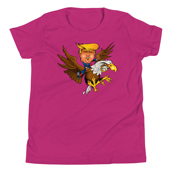 Youth T-shirt with cartoon design of Trump riding an eagle on a vibrant pink background. Perfect for adventurous kids.