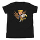 Youth T-Shirt featuring cartoon Trump riding a fierce eagle, perfect for thrill-seekers at motocross events.