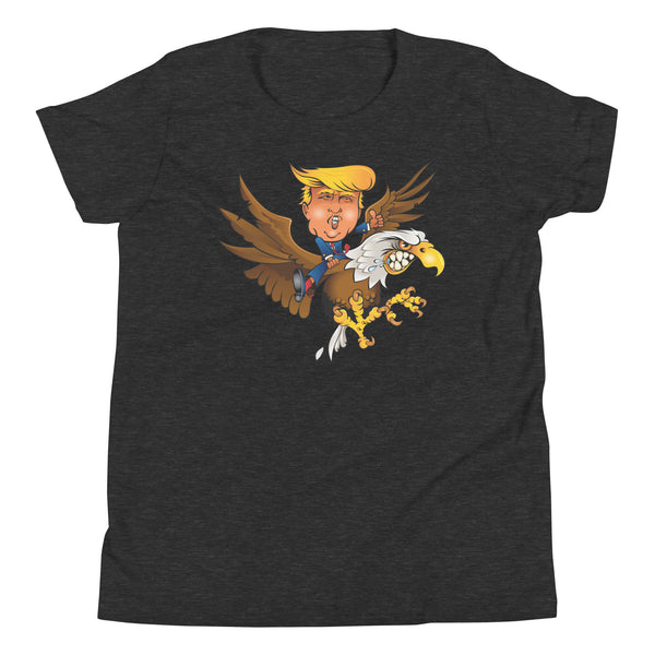 Youth T-Shirt featuring cartoon Trump riding a fierce eagle, perfect for supercross and motocross events.