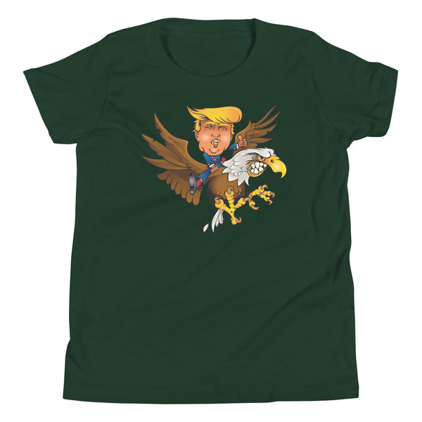 Youth T-Shirt featuring Trump riding a cartoon eagle, perfect for thrill enthusiasts at supercross and motocross events.