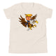 Youth T-shirt featuring cartoon Trump riding a bald eagle, perfect for thrill-seekers at motocross events.