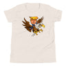 Youth T-shirt featuring cartoon Trump riding a bald eagle, perfect for thrill-seekers at motocross events.