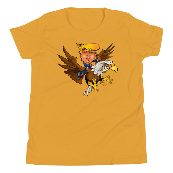 Youth shirt featuring a fun design of Trump riding an eagle, perfect for thrill-seekers and event enthusiasts.