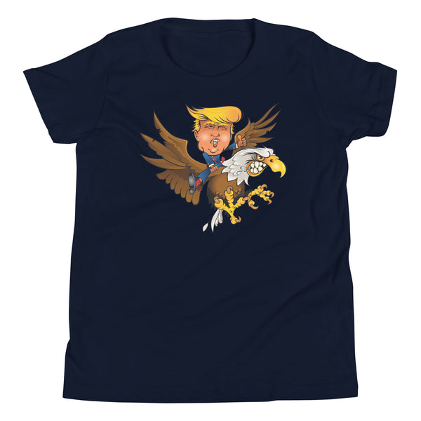 Youth T-Shirt featuring Trump riding a mighty eagle, designed for thrill-seekers and adventure lovers.