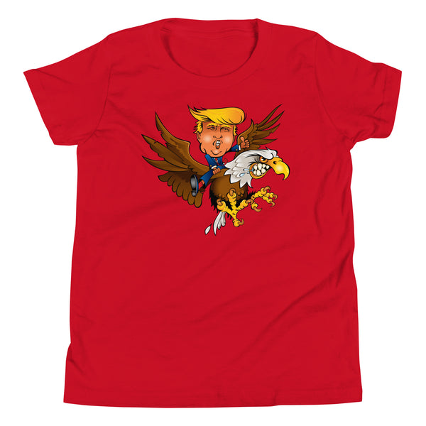 Youth T-shirt featuring cartoon Trump riding a fierce eagle, perfect for supercross and adventure enthusiasts.