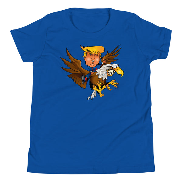 Youth T-Shirt featuring cartoon of Trump riding a screamin' eagle, ideal for adventure lovers and events.