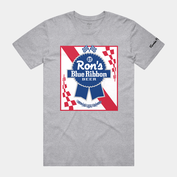 RonnieMac Ron's Blue Ribbon Beer Grey Dirt Bike Shirt - Front